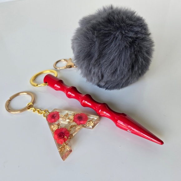 Gray Pom-Pom, Red Floral Letter “A” & Red Spike Keychains(3 Set) 🌺(2 for $10) - Picture 4 of 17